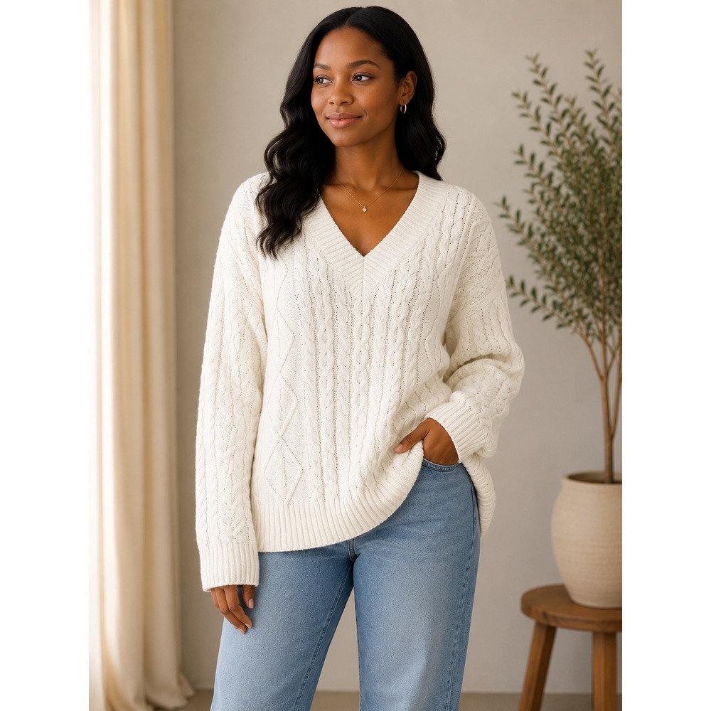 Chaps Womens Cable Knit V-Neck Sweater Snow White Long Sleeve Pullover 512020B L